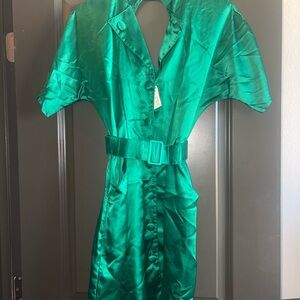 Vintage 80s Green Satin Belted Mini Dress